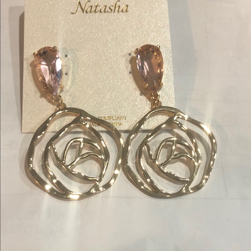 Natasha couture gold tone pink tourmaline gemstone rose flower drop earrings new
